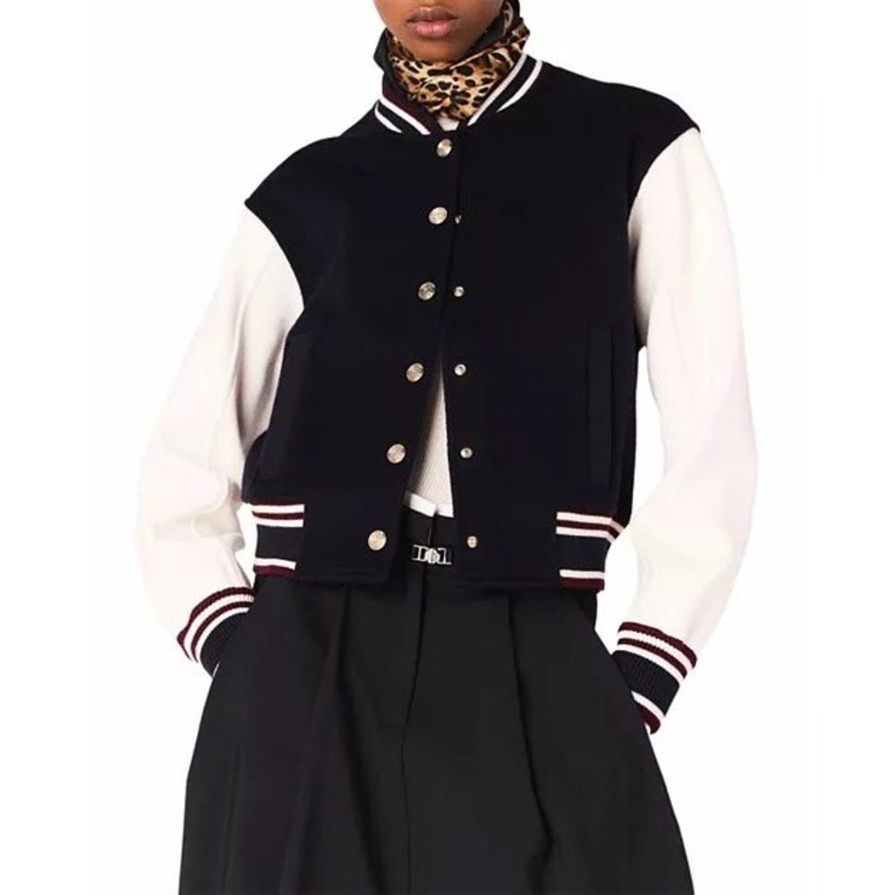 Maje Navy Wool Blend Varsity Bomber Jacket Gold Flower Buttons MFPCA00652 T34